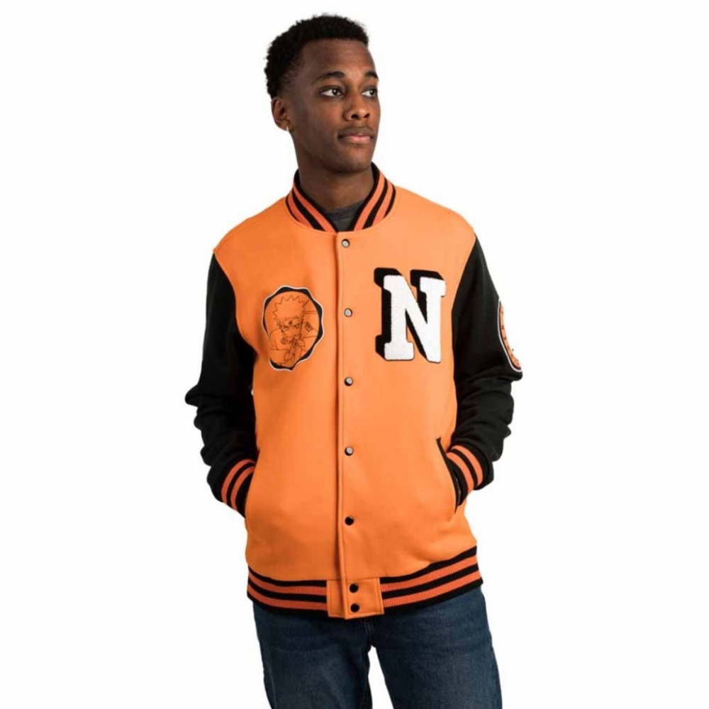 Naruto Uzumaki Fleece Varsity Jacket Heavyweight With Contrast Sleeves HD Print